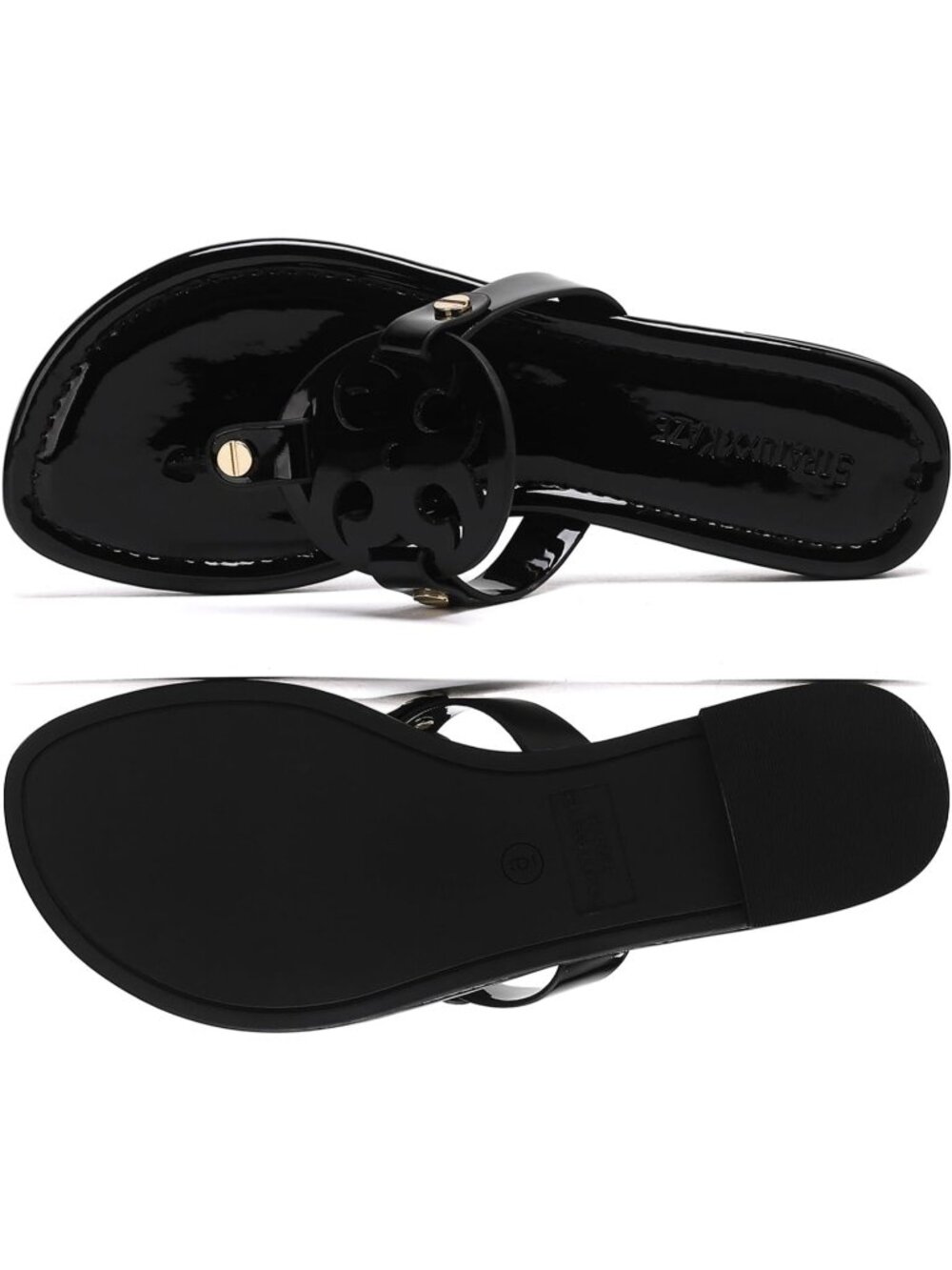 Women's Black Faux Leather Memory Foam Beach Slides Comfy Flipflop Flat Sandals - Picture 6 of 7